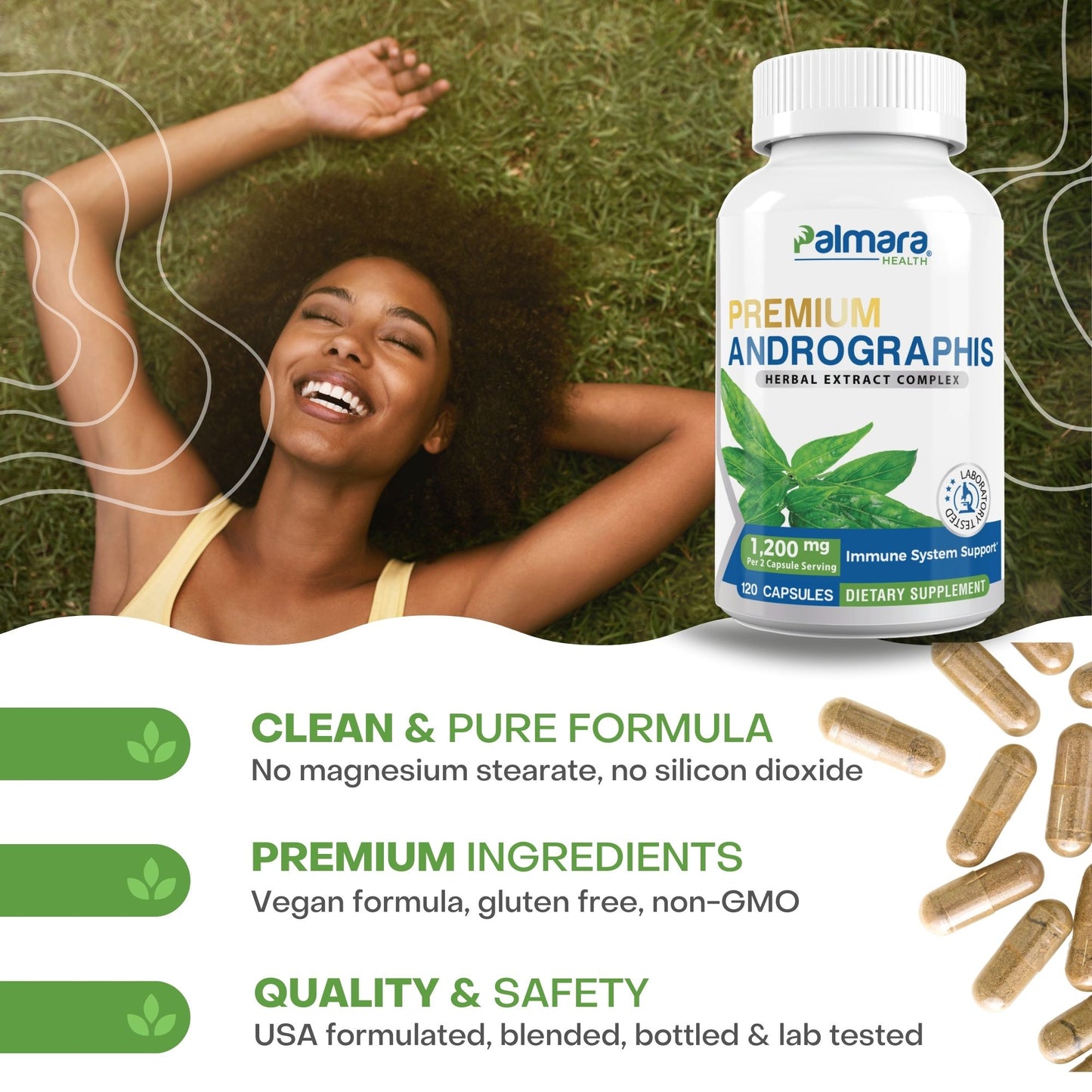 
                  
                    Image of a contented woman lying on grass next to a bottle of Palmara Health Andrographis, highlighting the supplement's clean ingredients and immune support formulation.
                  
                