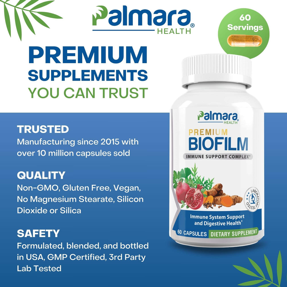 
                  
                    An image of Palmara Health's Biofilm Immune Support Complex supplement bottle, featuring claims of trust and quality, ensuring an additive-free, vegan formulation for biofilm management.
                  
                