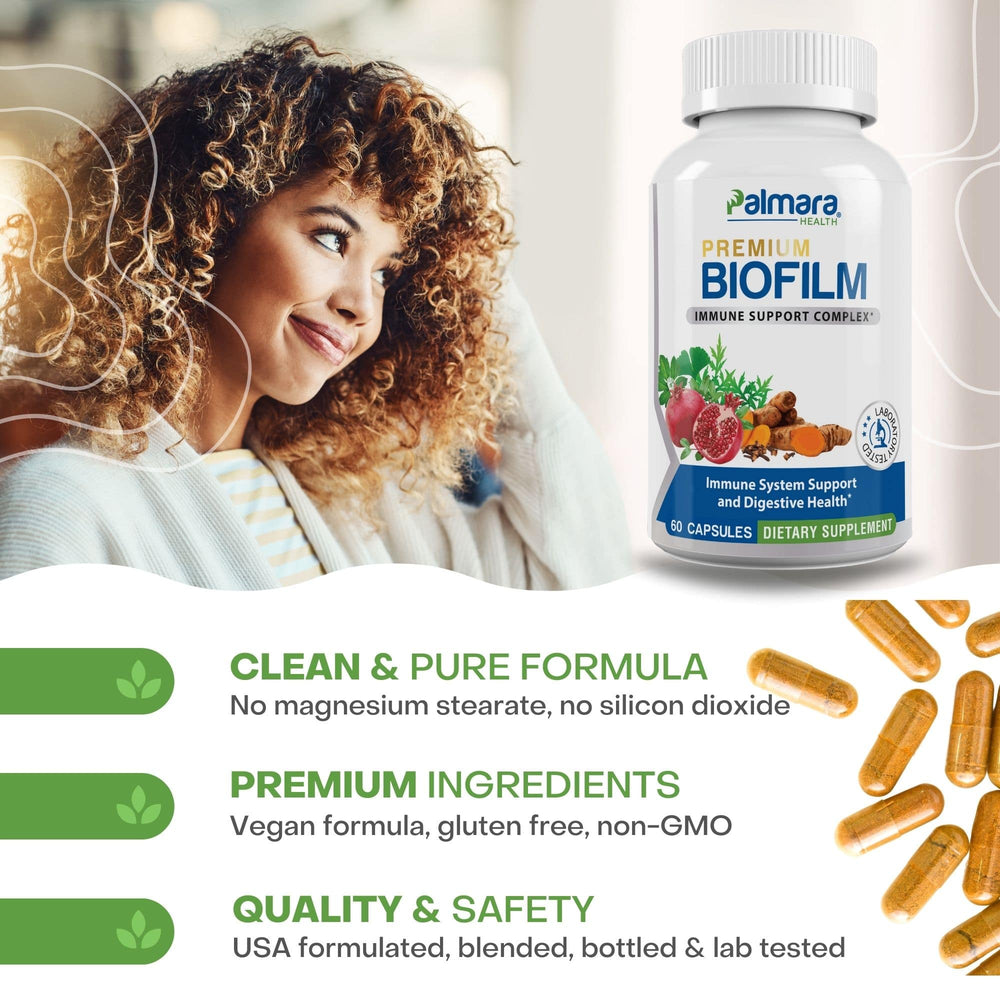 
                  
                    A lifestyle image of a smiling individual with Palmara Health's Biofilm supplement, highlighting the clean and pure formula designed for supporting the immune system and digestive health.
                  
                