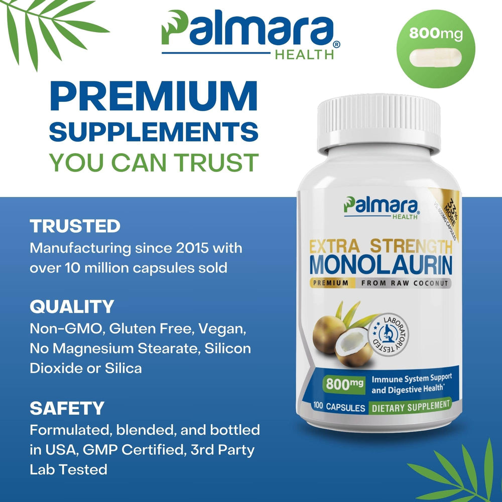 
                  
                    Image features Palmara Health's Extra Strength Monolaurin 800mg supplement, derived from raw coconut, highlighting the robust monolaurin supplement's support for the immune system and digestive health.
                  
                