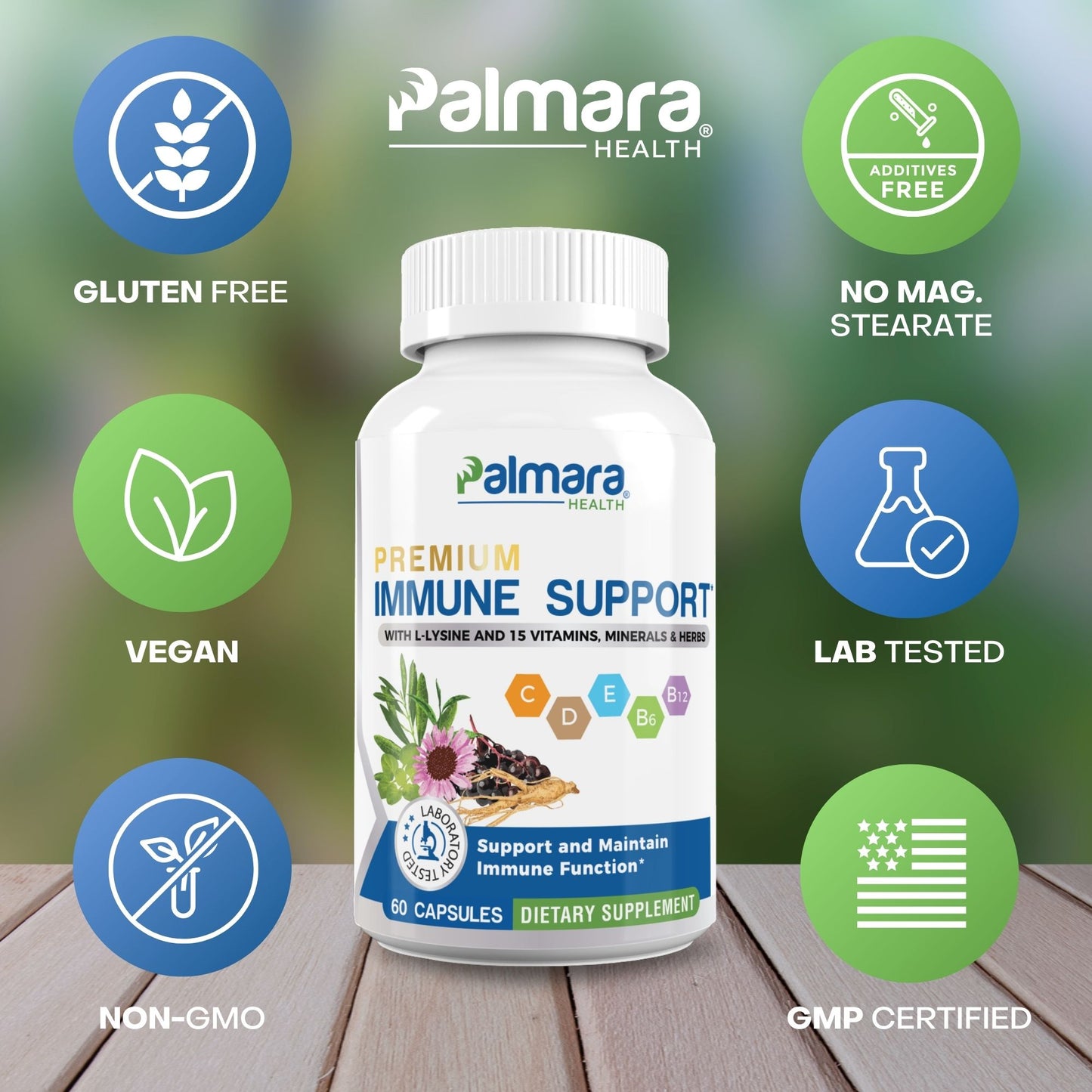 
                  
                     Badges of certification adorn Palmara Health's Immune Support supplement, affirming its status as a lab-tested, GMP certified, and additive-free product. These certifications underscore Palmara Health's unwavering commitment to delivering reliable immune support.
                  
                