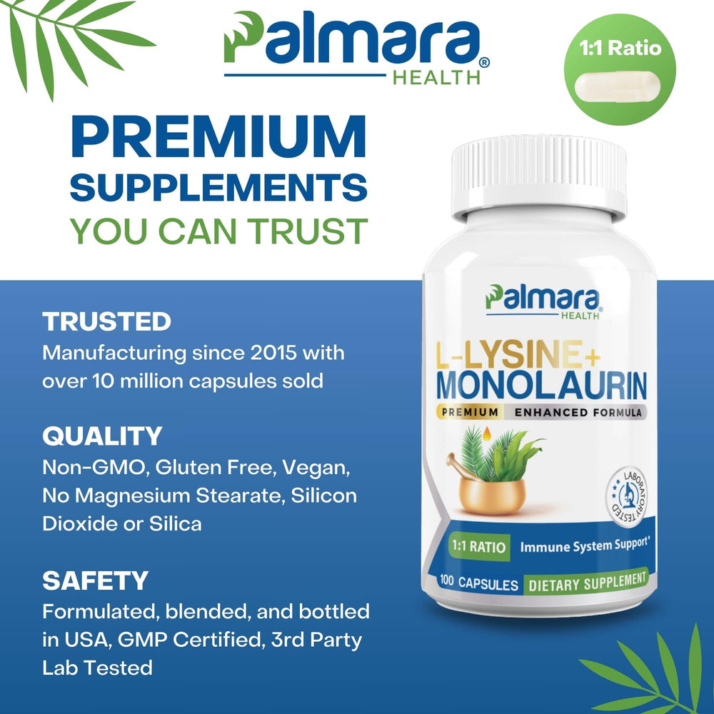 
                  
                    Display of Palmara Health's L-Lysine + Monolaurin 600mg capsules, a supplement that combines the monolaurin benefits with L-Lysine for enhanced immune support, in a non-GMO, gluten-free, and vegan product.
                  
                