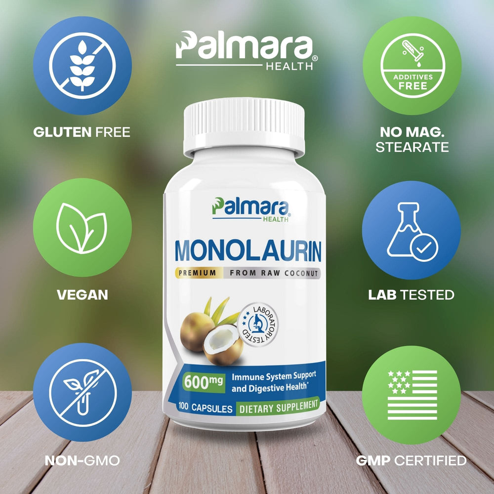 
                  
                    Palmara Health's Monolaurin supplement is showcased with emblems of quality, underscoring the vegan, non-GMO, and gluten-free aspects that enhance the monolaurin supplement benefits.
                  
                