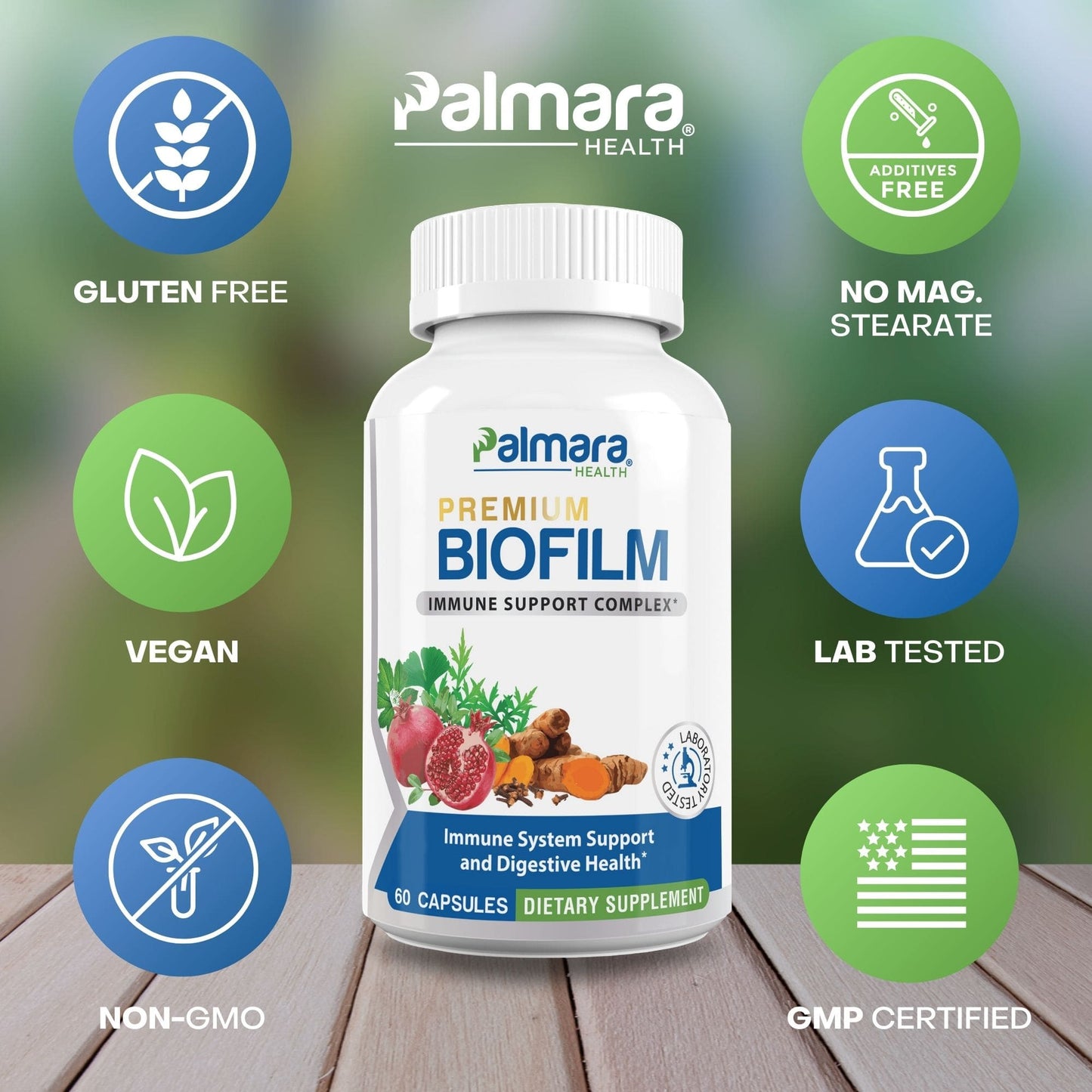 
                  
                    Palmara Health's Biofilm supplement showcasing its gluten-free, vegan, and non-GMO properties, emphasizing its lab-tested, GMP-certified production for effective biofilm disruption.
                  
                