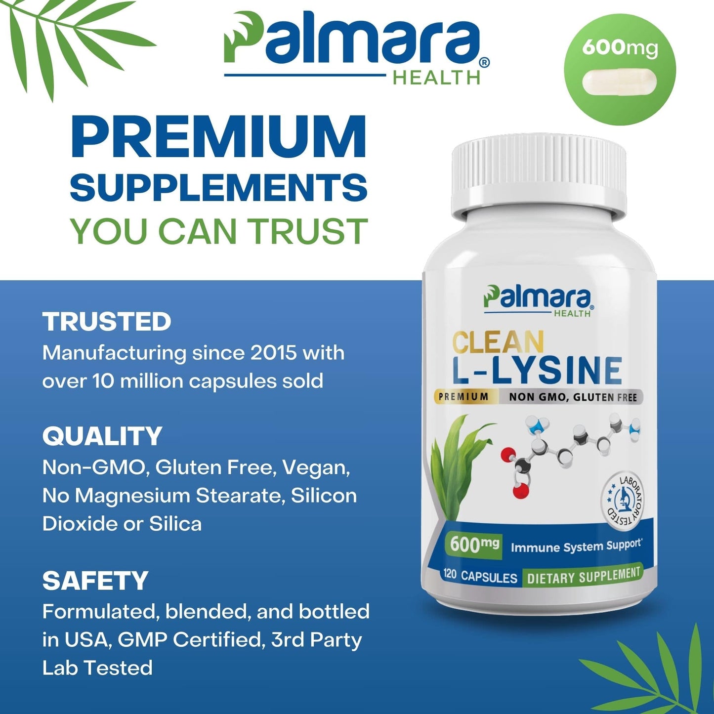 
                  
                     Image of Palmara Health's 600mg Clean L-Lysine supplement bottle, highlighting non-GMO, gluten-free, and vegan qualities for immune system support.
                  
                