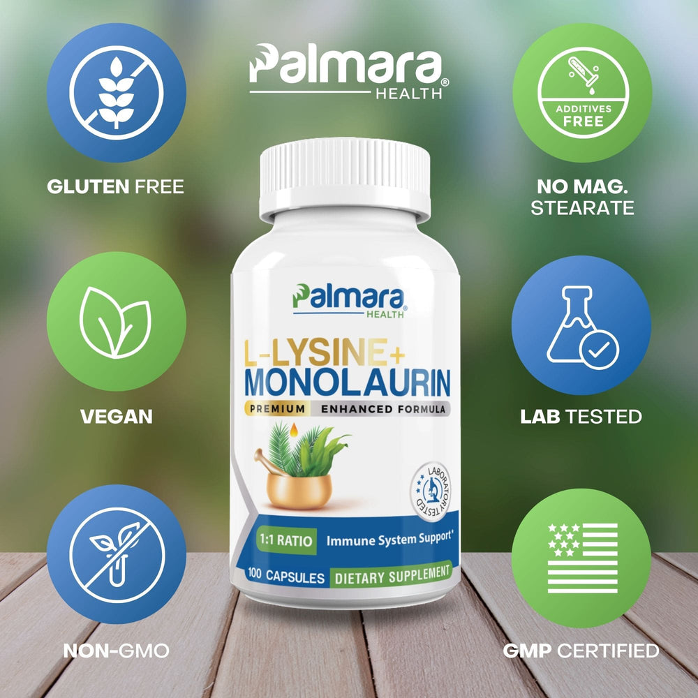 
                  
                    Close-up of Palmara Health L-Lysine + Monolaurin supplement bottle, emphasizing the health benefits of monolaurin coupled with L-Lysine, certified gluten-free, vegan, and non-GMO for consumer safety.
                  
                