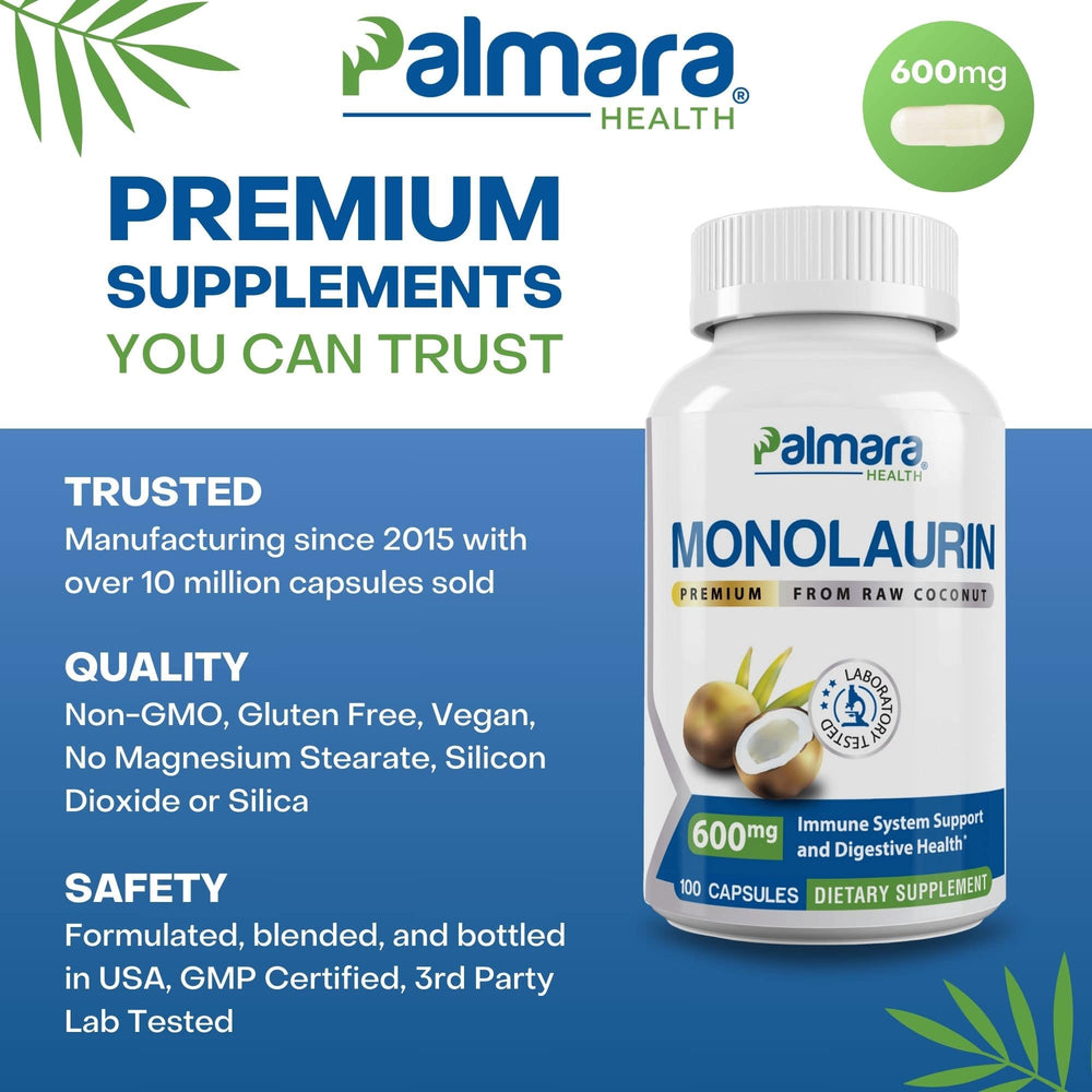 
                  
                    Displaying Palmara Health's Monolaurin 600mg supplement bottle, crafted from raw coconut for immune and digestive health, the image highlights the significant monolaurin supplement benefits offered by Palmara Health.
                  
                