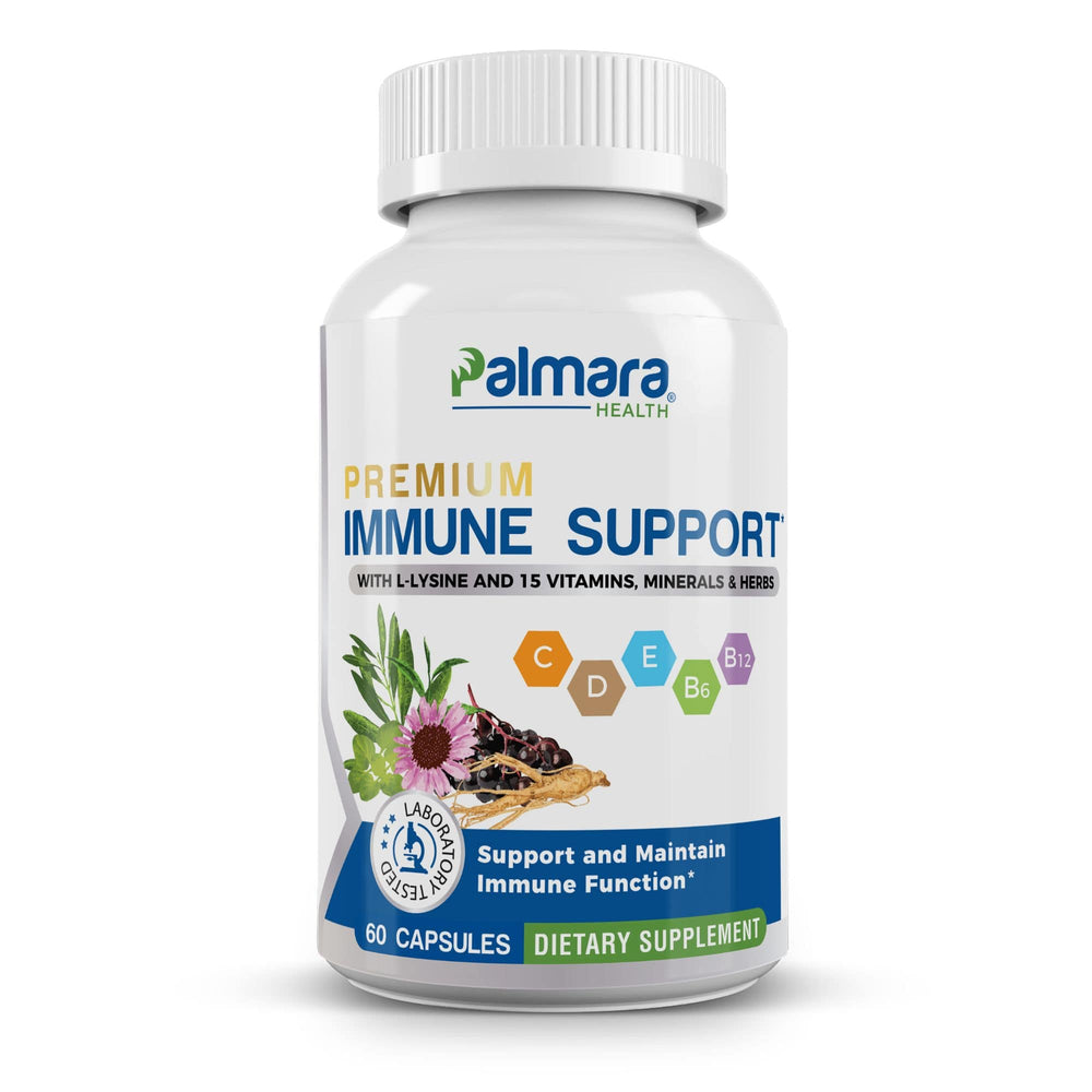 Front view of Palmara Health's Immune Support dietary supplement bottle, featuring a potent blend with L-Lysine and 15 other vitamins, minerals, and herbs to support and enhance immune function. Packaged in 60 vegetarian capsules, this supplement emphasizes its role in promoting overall immune health.