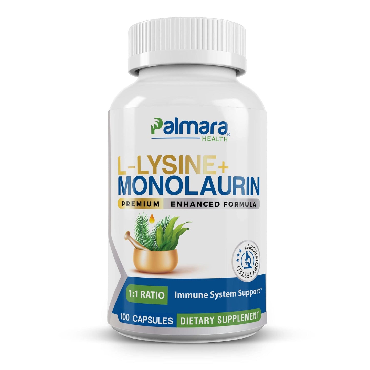 A bottle of Palmara Health L-Lysine + Monolaurin dietary supplement, indicating a 1:1 ratio blend for immune system support, with 100 capsules per bottle.