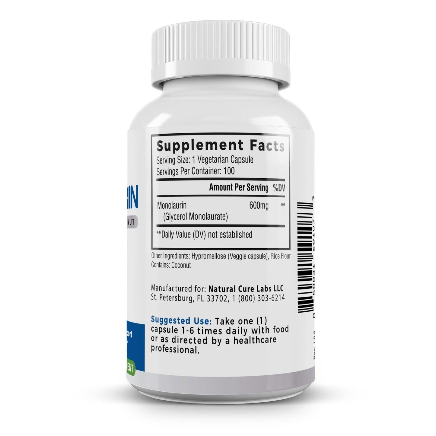 Right side view of the Palmara Health Monolaurin 600mg dietary supplement bottle, showing supplement facts for a serving size of one vegetarian capsule and 600mg of Monolaurin per serving, with a total of 100 servings per container