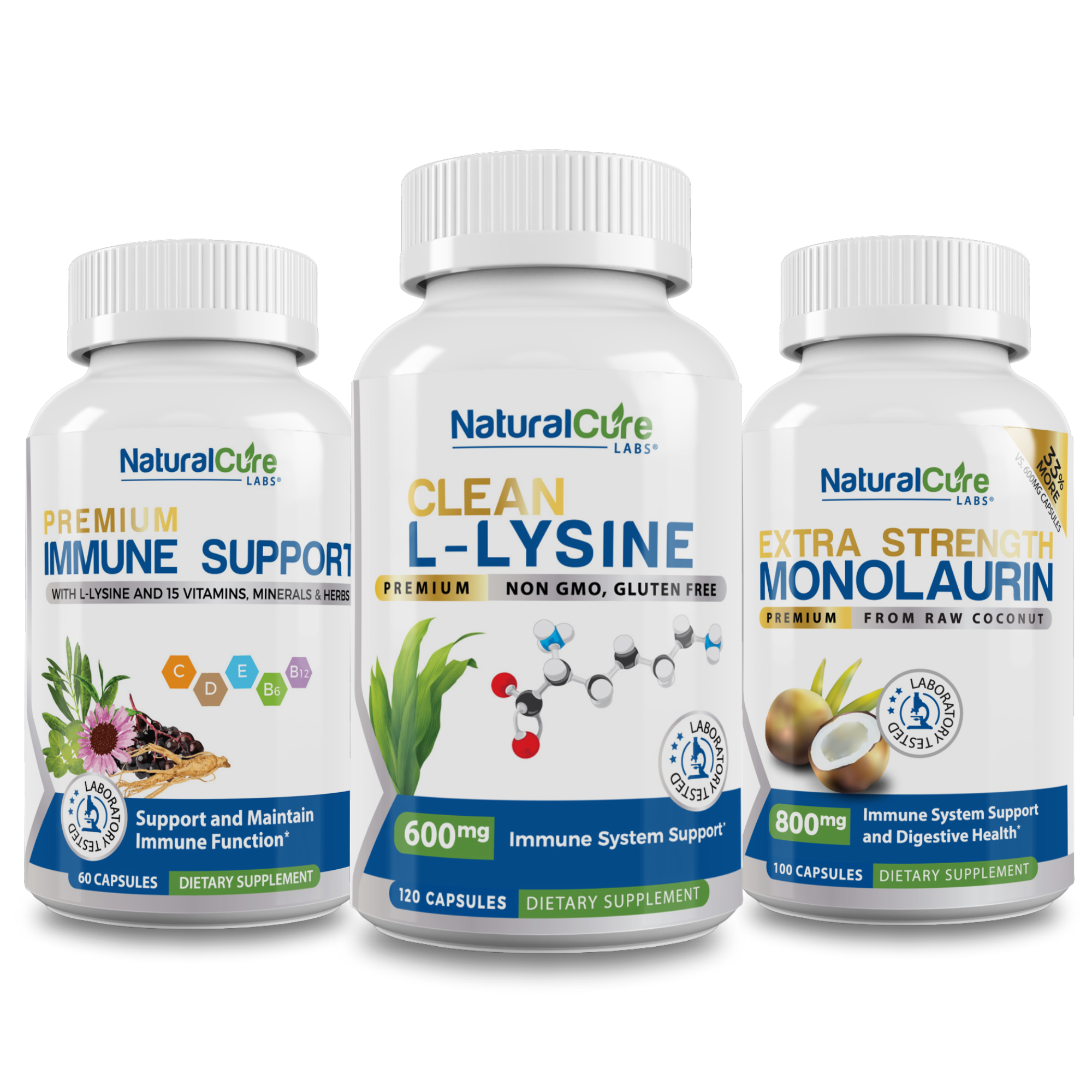 NaturalCure Supplements, including Premium Immune Support, Clean L-Lysine, and Extra Strength Monolaurin. 