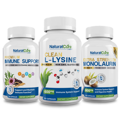NaturalCure Supplements, including Premium Immune Support, Clean L-Lysine, and Extra Strength Monolaurin. 