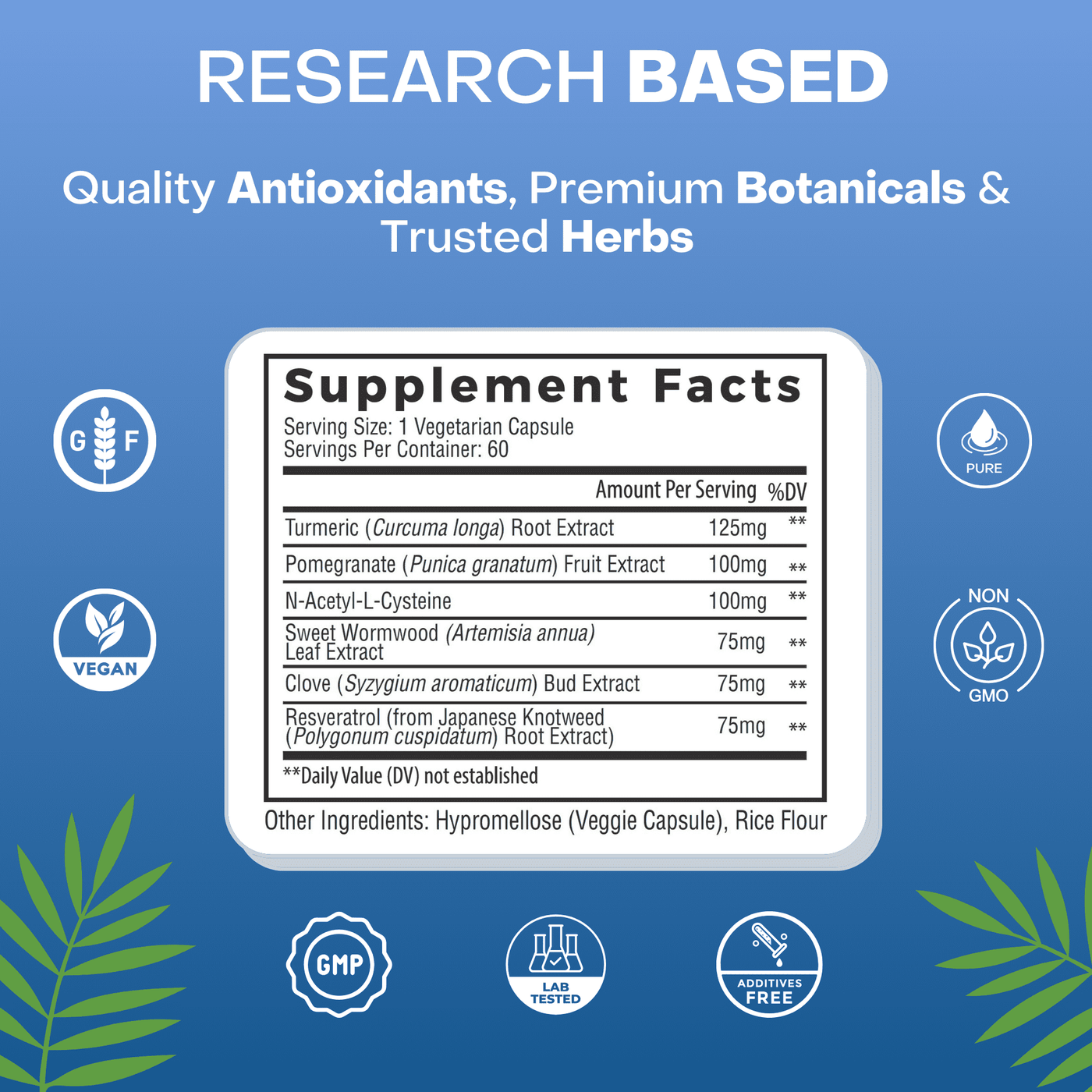 Supplement Facts for research-based formula with turmeric, pomegranate, NAC, wormwood, clove, and resveratrol