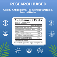 Supplement Facts for research-based formula with turmeric, pomegranate, NAC, wormwood, clove, and resveratrol