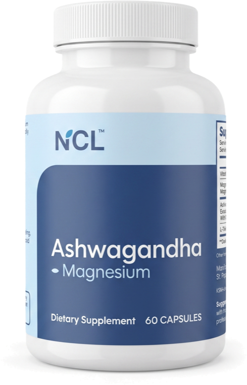 NCL Premium KSM-66 Ashwagandha with Magnesium bottle, transparent background
