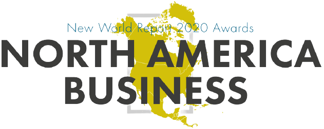 Logo for the North America Business Award with the 'New World Report 2020 Awards' text, featuring a green outlined map of North America and the words 'NORTH AMERICA BUSINESS' in bold, golden font.