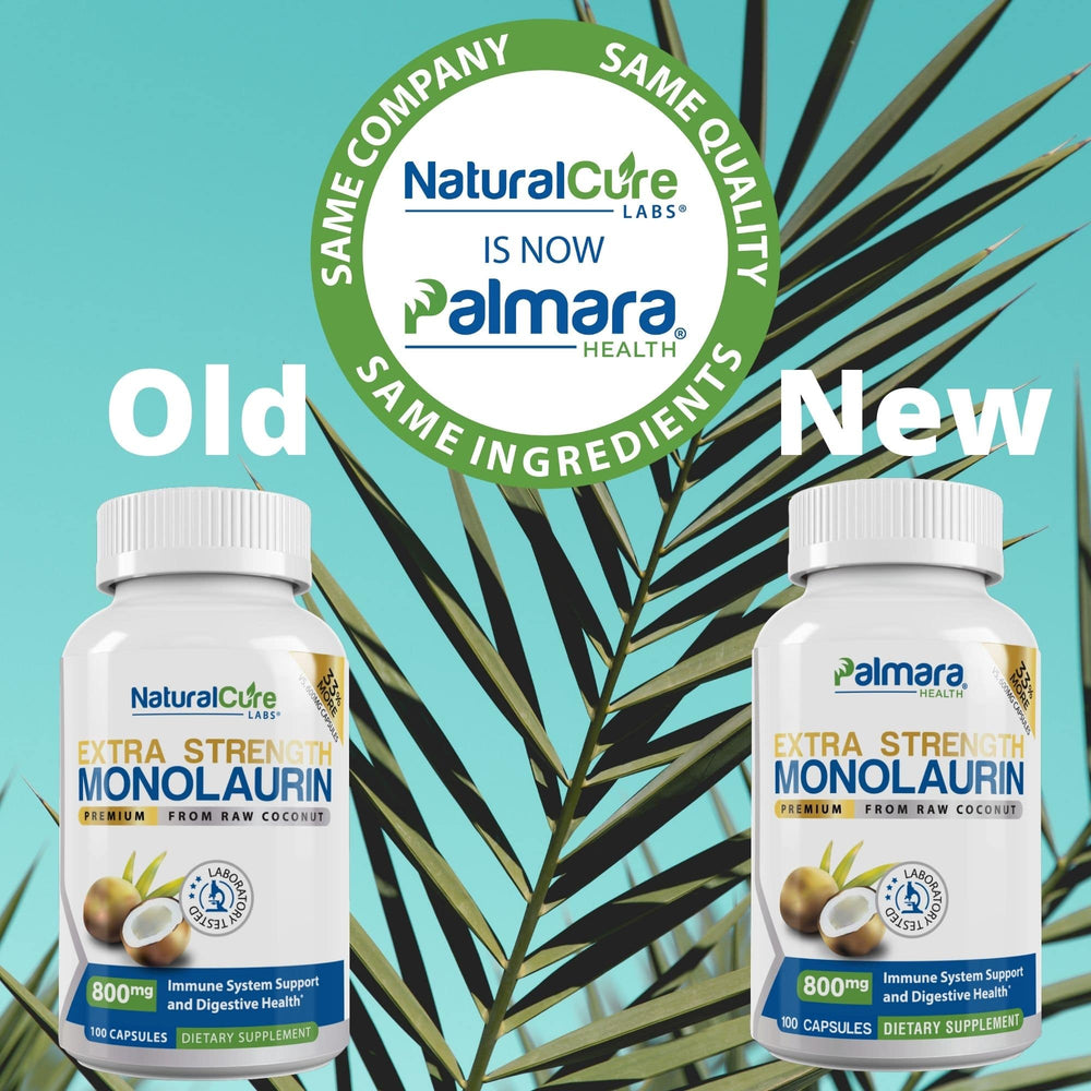 
                  
                    Image depicting the brand evolution from NaturalCure Labs to Palmara Health, showcasing two bottles of Extra Strength Monolaurin supplement. 
                  
                