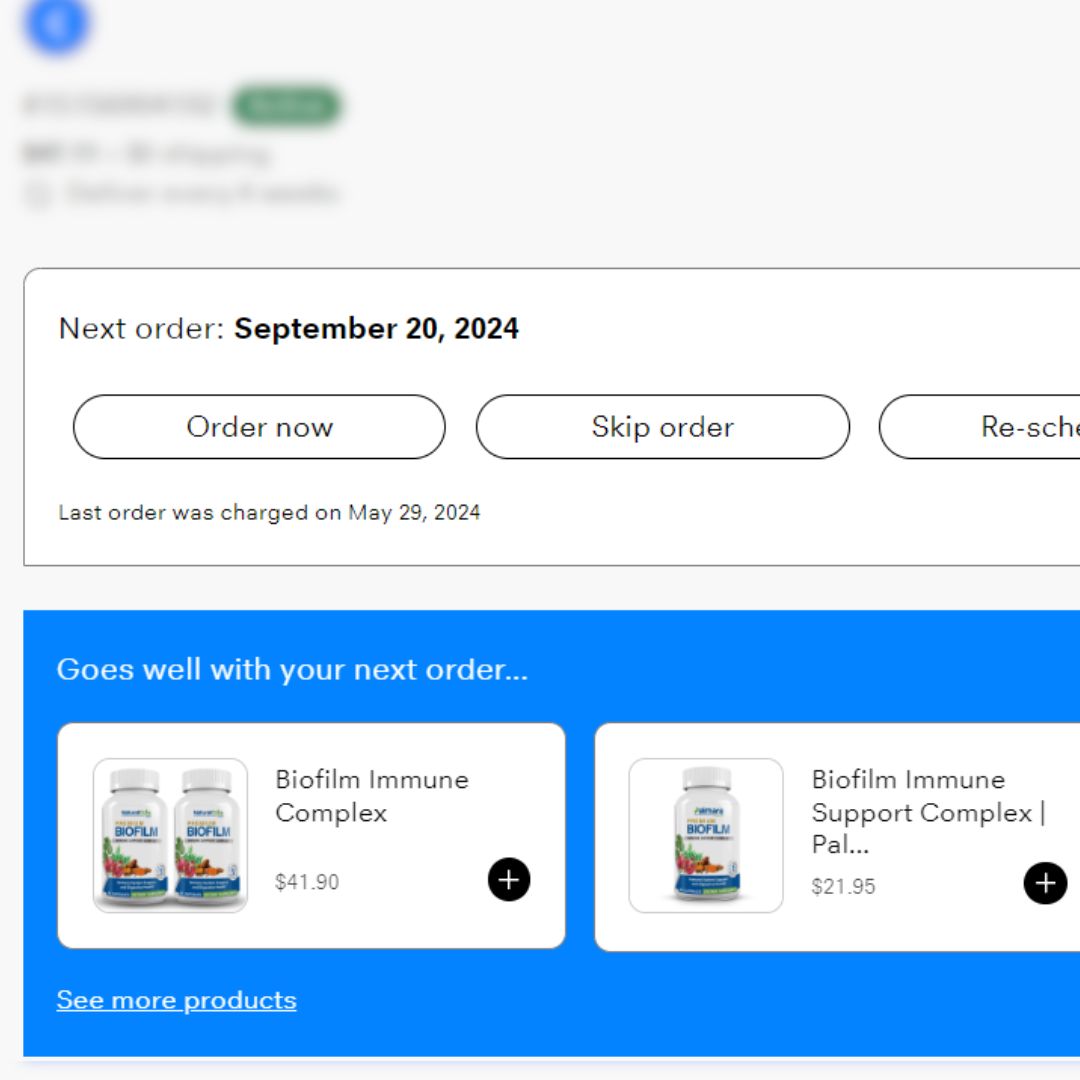 Next order actions: order now, skip, reschedule