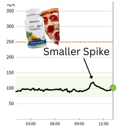 CGM graph showing smaller glucose spike after eating pizza with Level Off