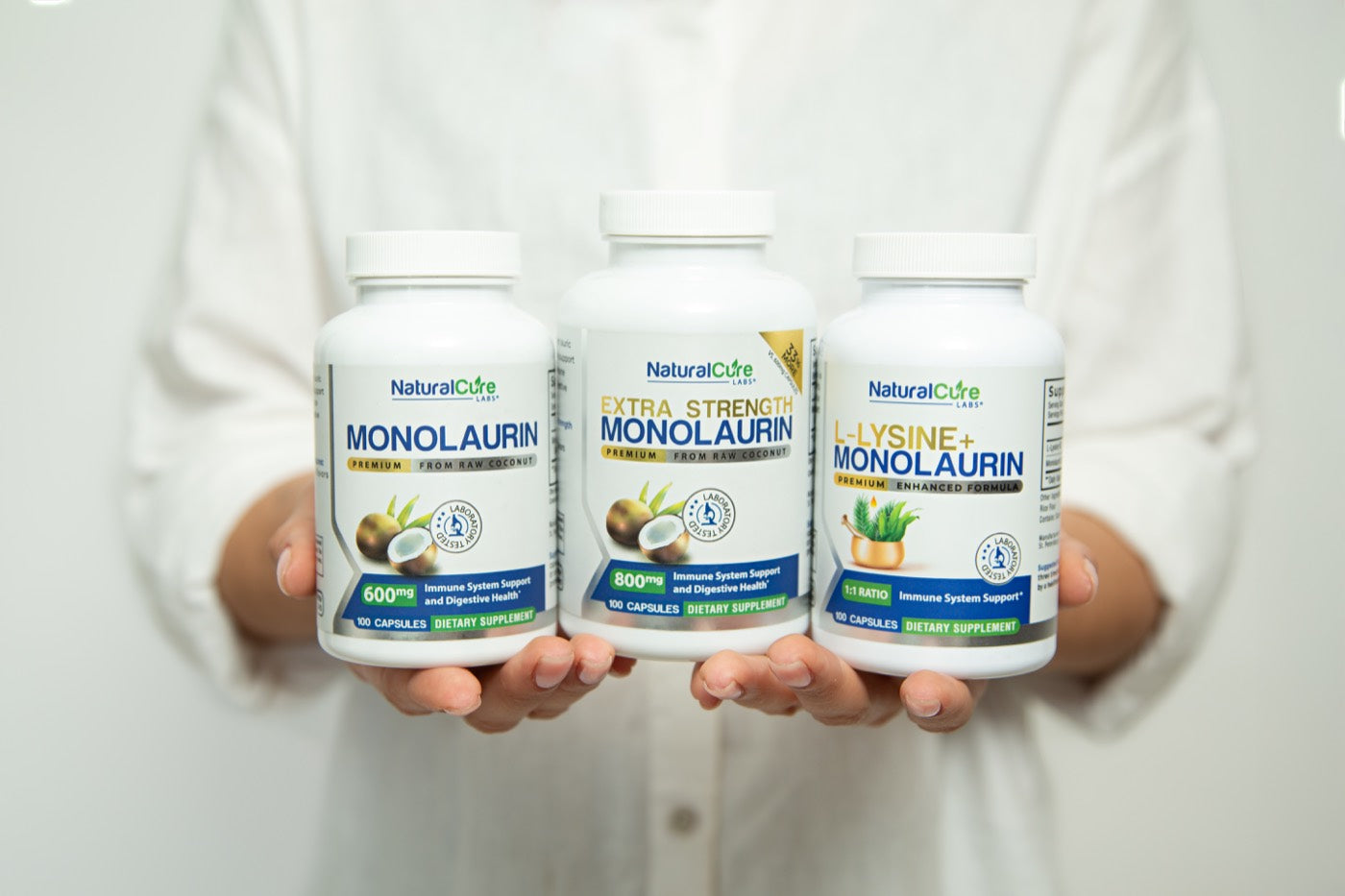 The three Natural Cure Labs monolaurin formulas held together